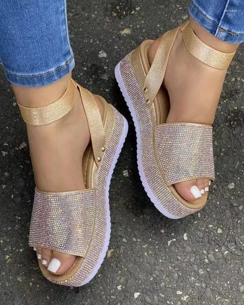 Sandali con zeppa con plateau scarpe di tendenza 2024 da donna estate donna tacchi eleganti abito da festa alla moda ragazze alla moda strass nero