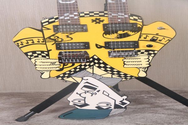 Super seltene günstige Trick039s Rick Nielsen Uncle Dick Double Neck Yellow E-Gitarre White Pearl Inlay Kahler Bridge auf der l6321041