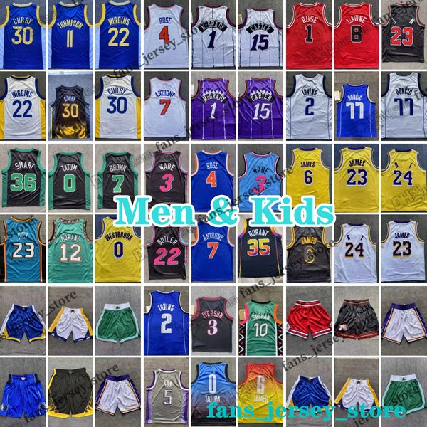 Maglie da basket stampate da uomo per bambini Stephen Iverson Curry Thompson Wiggins James Davis Tatum Brown Irving Doncic Derrick Wade McGrady Carter Rose James JaMorant