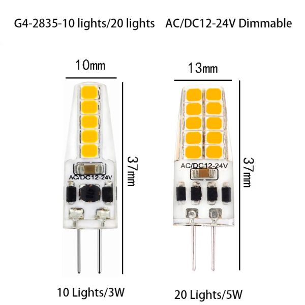 5pcs Mini Dimmbare G4-LED-Silikonkristall-Glühbirnen AC/DC 12V-24V 3W 5W 2835 SMD KALD