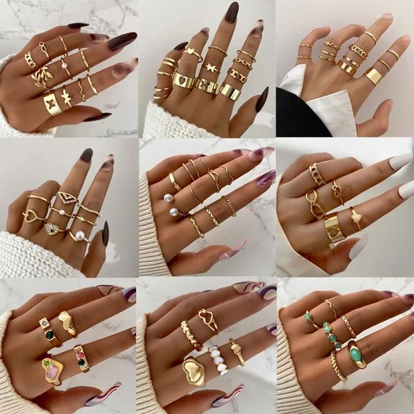 Cluster Ringe Vintage Gold Farbe Schmetterling Herz Set für Frauen Boho Geometrische Edelstein Perle Offen 2024 Trendy Schmuck Geschenk