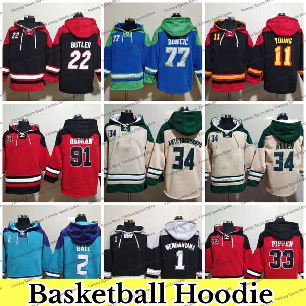 Pullover Hoodie Basketball Jersey 1 Wembanyama Duncan Ball Retro 34 Shaquille Johnson Jimmy 22 Butler 77 Doncic 91 Dennis Pippen Rodman Ball Young Rot Gelber Pullover
