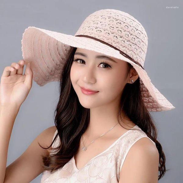 Chapéus de borda larga meninas verão chapéu de sol estudantes cobrir rosto boné de viagem dobrável bowknot lazer palha B-8023