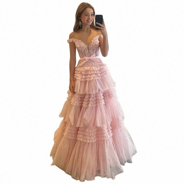 oisslec Off the Shoulder Prom Dres Tiered Ruffle Cinderela vestido de baile Rosa Fr Festa de Casamento Dr Bow Tulle Vestidos de Noite G2Ym #