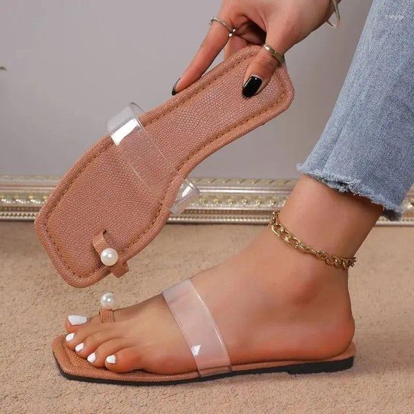 Sandalen 2024 Mode Flip-Flops Mujer Zapatillas Rutschen Perle PVC Wohnungen Hausschuhe Casual Frauen Schuhe Sommer Karree Strand