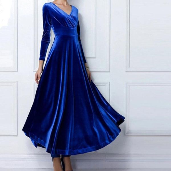 Lässige Kleider Vintage Samt Swing Langes Kleid für Frauen Frühling Eleganter V-Ausschnitt Hohe Taille A-Linie Bankett Party Maxi Temperament Roben