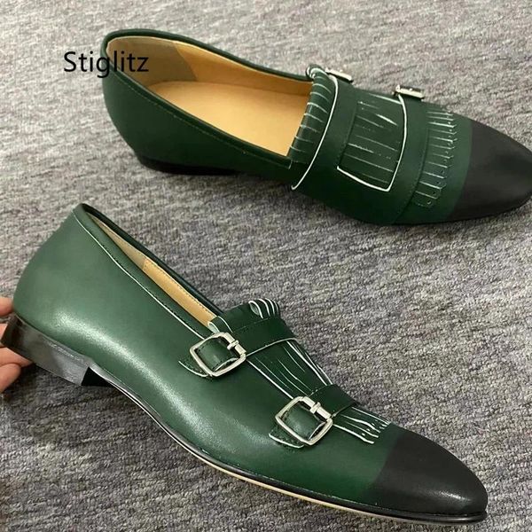 Kleid Schuhe Doppel Schnalle Mischfarben Echtes Leder Für Männer Mode Britischen Stil Quaste Loafers Wohnungen Party