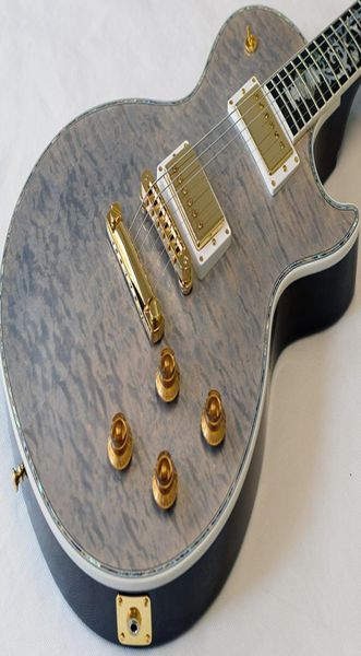 Custom Shop Ultima Grey Pearl Top in acero trapuntato Chitarra elettrica Abalone Rilegatura corpo Albero della vita Intarsi vite Accordatori Grover Gold2332445