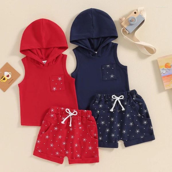Conjuntos de roupas bebê menino 2 peças roupas estrela do mar impressão sem mangas com capuz regatas e shorts elásticos definir roupas de verão 0-3years