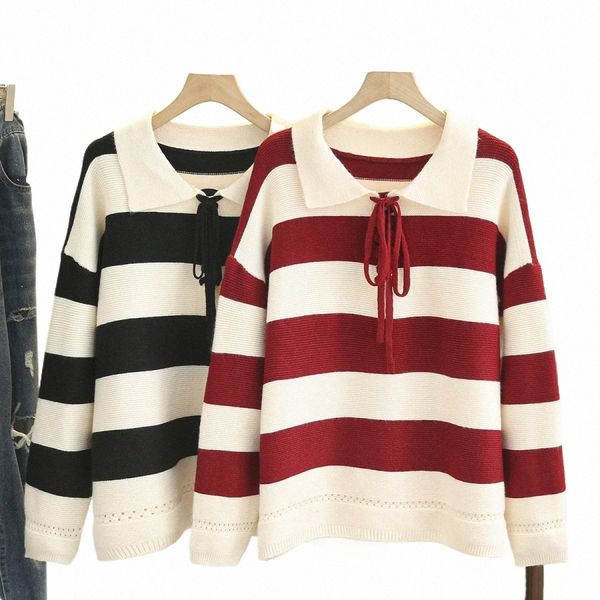 3XL Herbst Plus Größe Jumper Frau Kleidung Lose Gestrickte Pullover Winter Fi Streifen Peter Pan Kragen Kurve Pullover i4vV #