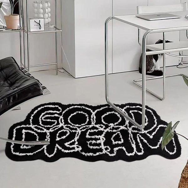 Tappeti Ciuffo lungo Good Dream Tappeto da salotto Lettere bianche e nere Tappeto per camera da letto Zona corridoio Tappetino Zerbino Estetico Decorazioni per la casa