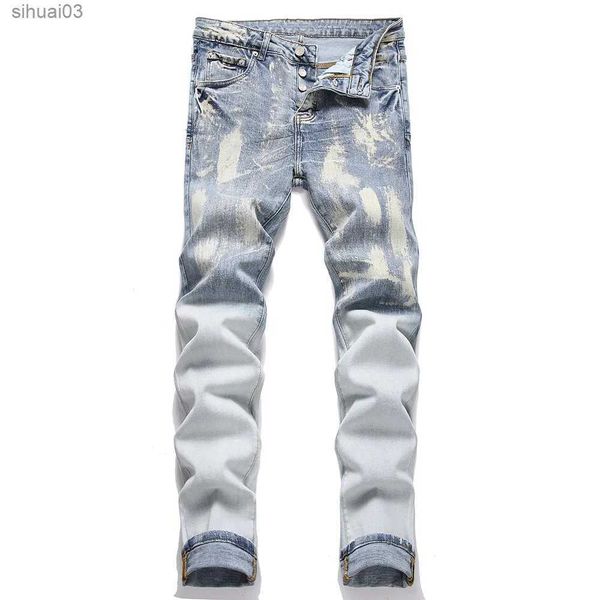 Herren Jeans Herrenknopf Fliege Stretch Denim Jeans Street Kleidung Wäscherei Hellblaue Hosen enge sich verjüngte Trousersl2403