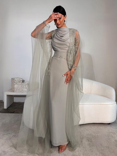 Zarif gri kadın bal balo elbiseleri ceketle örtülü yüksek boyun gövdesi resmi elbise boncuklu iki parça Suudi Arap Eve parti elbiseleri