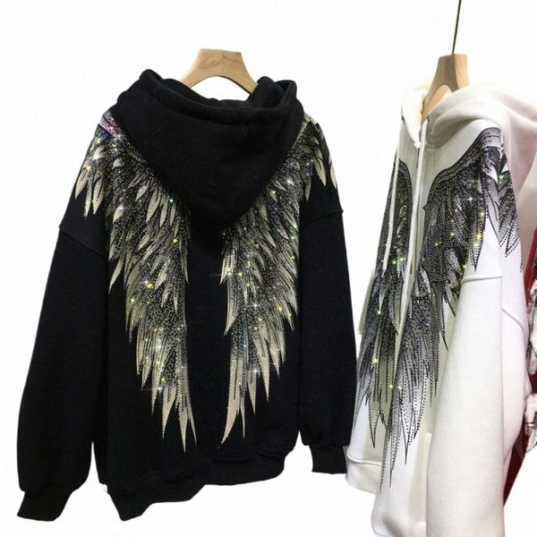 Plus Size XL-4XL Luxo Diamd Stam Wings Mulheres Hoodies American Street Cool Trendy Hoody Cardigan Outono Inverno Casacos j6lU #