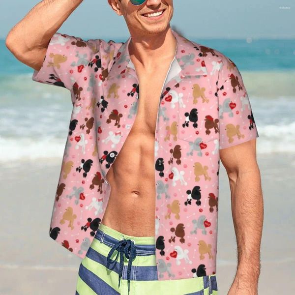 Camicie casual da uomo Camicia Hawaii Camicia da spiaggia Barboncino Camicette di San Valentino Simpatica stampa animalier Uomo elegante maniche corte Abiti eleganti