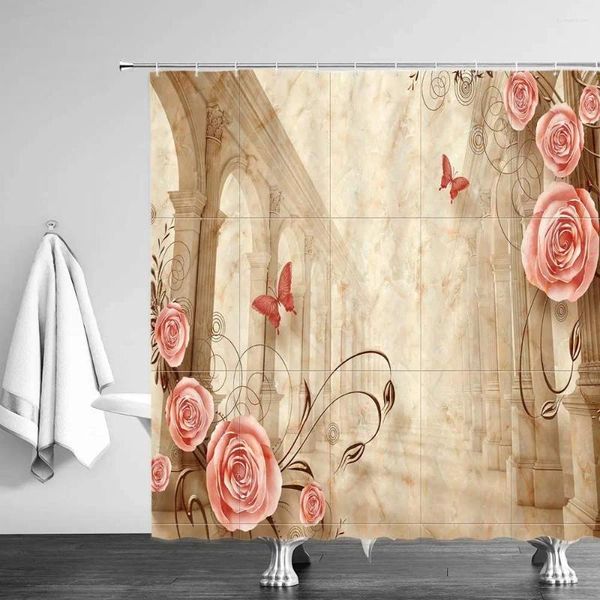 Tende da doccia Fiori Decorazioni per tende Rosa Rosa Farfalla Pilastri in pietra Vecchia architettura Retro Sfondo in marmo Tessuto Bagno