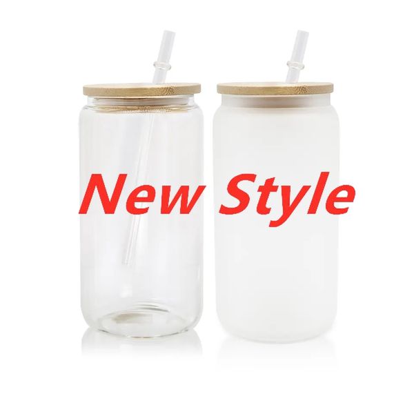 US Stock 16oz Copos de vidro de sublimação podem em forma de canecas de cerveja Clear Frosted Blanks DIY Impressão Garrafa de água Suco de refrigerante Jars reutilizáveis ​​0330