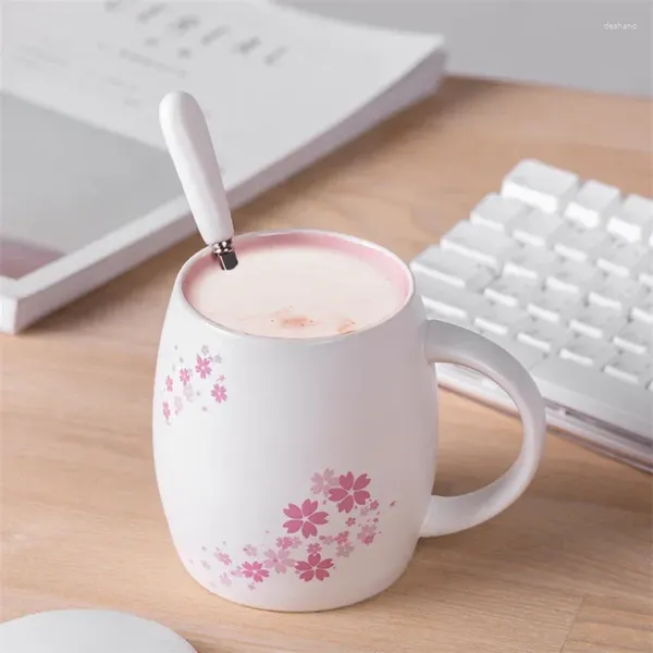 Кружки Керамическая розовая кофейная кружка с цветком вишни с крышкой, ложка, термостойкая креативная чашка для молока, пара чашек для чая, сока, посуда для напитков