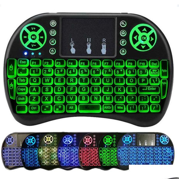 PC-Fernbedienungen Drahtlose Mini-I8-Tastatur Hintergrundbeleuchtung Hintergrundbeleuchtungssteuerung für Android-TV-Box 2.4G Touchpad Englisch Spanisch Französisch Drop D Otcgg