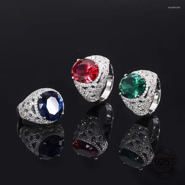 Cluster-Ringe, 925er-Sterlingsilber, Mirco-Pavé, CZ-Schmuck, 12 x 14 mm, ovale Form, blauer Saphir, roter Rubin, grüner kubischer Zirkon-Ring