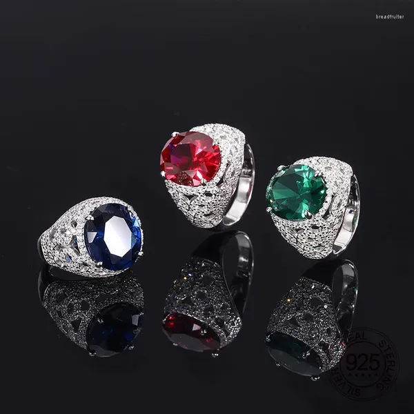 Anéis de cluster 925 Sterling Silver Mirco Pave CZ Jóias 12x14mm Forma Oval Azul Safira Vermelho Rubi Verde Cubic Zircon Ring