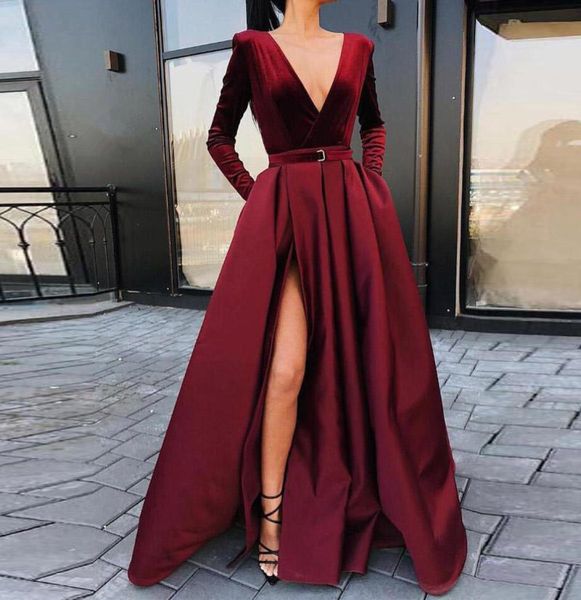 Abendkleid Lange Ärmel Tiefem V-Ausschnitt Vestido De Festa Satin mit Velours Kleider Robe Soiree abiye gece elbisesi6099223