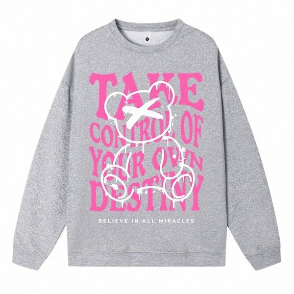 Plus Size Frau Sweatshirt Take Ctrol Of Your Own Destiny Rosa Buchstabe Carto Bear Design Print Hoody Lose Pullover Warme Tops w4sE #