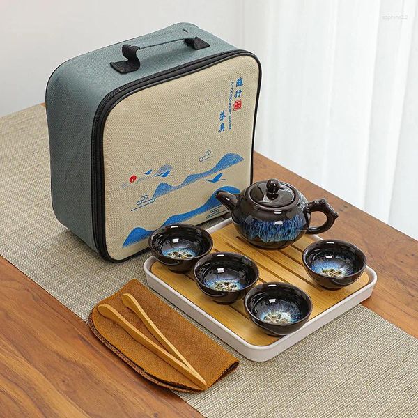 TeAware Setleri Taşınabilir Seyahat Çin Gongfu Çay Seti Seramik çaydanlık Basit Tianmu Sır Fırçalanmış Kum Altın Pot Cup