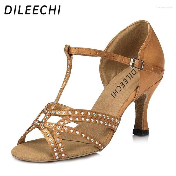 Scarpe da Ballo DILEECHI Bronzo Raso Nero Blu Strass Latino Donna Ballo da sala Suola morbida 7,5 cm Taglia 38