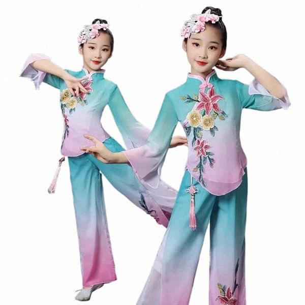 Çin Halk Dans Klasik Dans Kostümleri Kızlar LG Kollu Yangko Kostümleri Hanfu Giyim Şemsiye Dansçı Aşama F1R3#