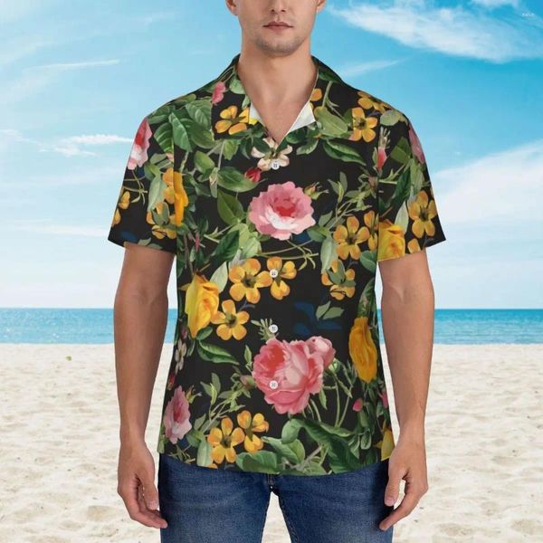 Мужские повседневные рубашки Гавайская рубашка Пляжные блузки с цветочным принтом Желтые розовые розы Свободная мужская удобная одежда с короткими рукавами