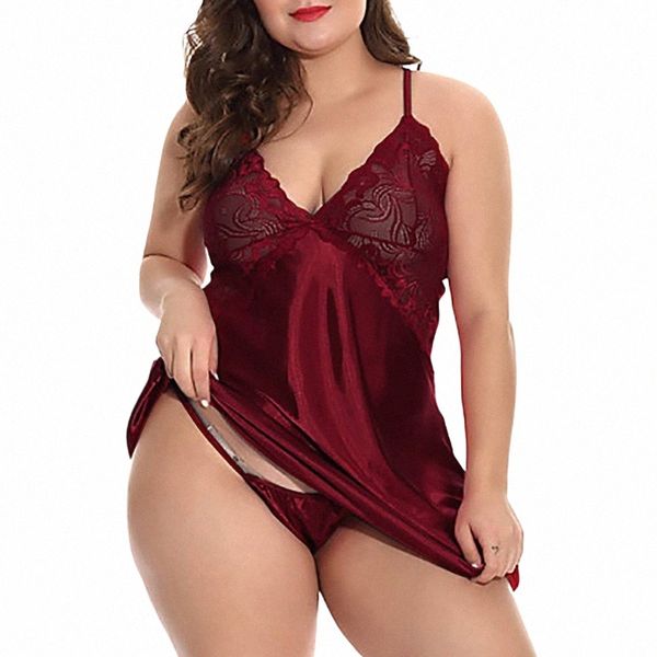 Mulheres Sexy Temptati Sleevel Slip Dr Plus Size Lingerie Set Solid Backl Lace V-Neck Exotic Set Sexy Nightwear Straps 08Zk #