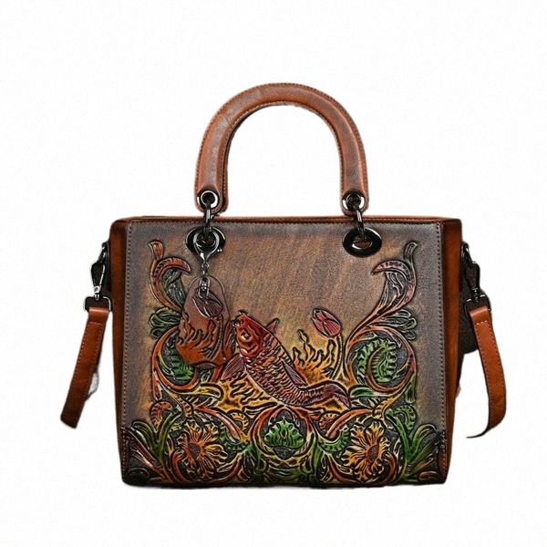 Motaora Neue Fisch geprägte Frauen Handtasche Vintage chinesischen Stil Umhängetasche vielseitige Leder große Kapazität Umhängetasche Damen v7ZB #