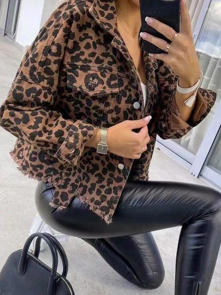 Jaquetas femininas leopardo impressão mulheres retalhos denim jaqueta moda manga comprida bolsos single-breasted casaco 2024 primavera feminino casual