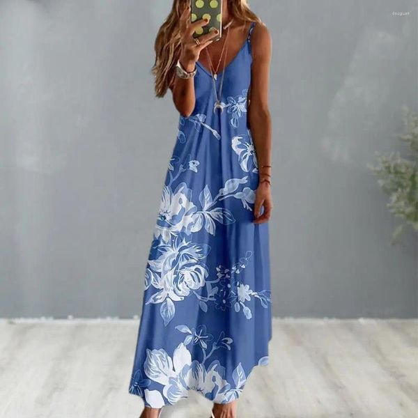 Abiti casual Abito stampato Stile bohémien Stampa floreale Maxi per le donne Vacanza al mare Prendisole con profondo scollo a V Design con spalline