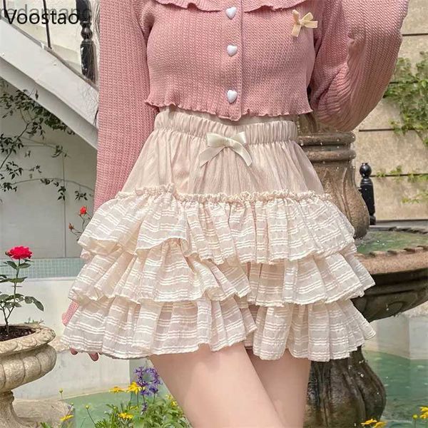 Saias Skorts Japonês Kawaii Lolita Mini Saia Mulheres Verão Bonito Cintura Alta Arco Ruffles Tiered Saias Feminino Coreano Moda Princesa Saias 240330