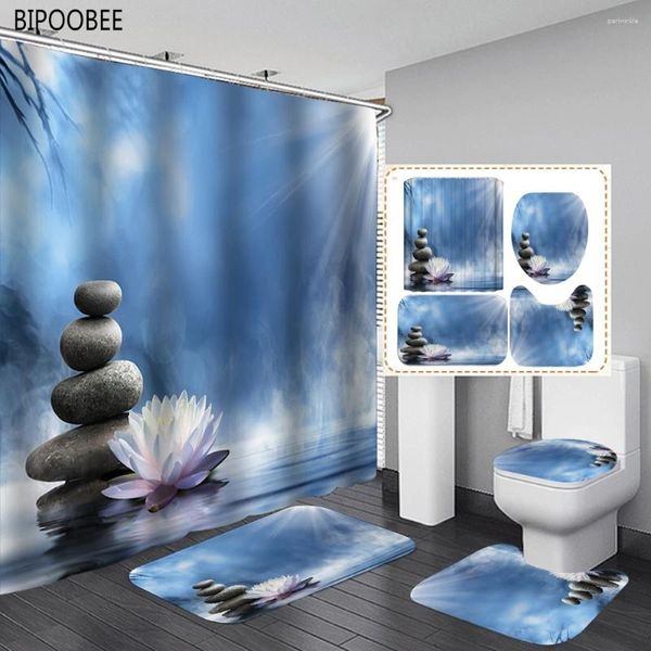 Cortinas de chuveiro 180x180cm Zen Stone Print Cortina Banheiro Lotus Toilet Lid Cover Floor Mat Pedestal Anti-Slip Tapete Tapetes de banho