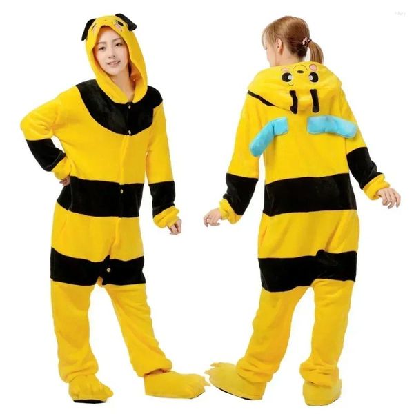 Startseite Kleidung Onesies Biene Kigurumi Tierpyjamas Unisex Erwachsene Flanell Kapuzenoveralls Reißverschluss unten Gelb Nachtwäsche Anime Party Cosplay