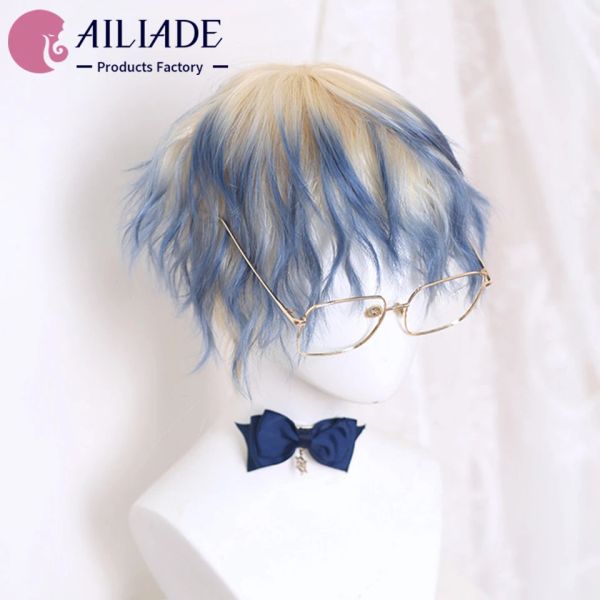 Perücken AILIADE Synthetische Kurze Lockige Perücken für Männer Jungen Blondes Blau Dunkelgrünes Haar Hitzebeständige Tägliche Party Anime Cosplay Perücke