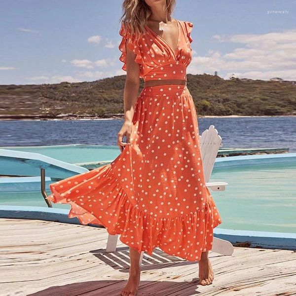 Vestidos de trabalho moda polka dot print saias outfits sexy profundo decote em v babados topos saia longa define feminino elegante sem mangas praia 2pc ternos