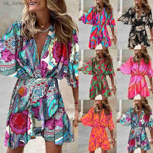 Abiti casual basic Abiti estivi casual da donna Sexy scollo a V Stampa floreale Boho Beach Vestito estivo Chiffon Ruffle Short Slve Minigonna Abiti da vacanza T240330