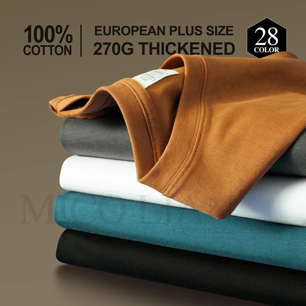 Verão 100% algodão pesado camiseta masculina de alta qualidade cor sólida solta fora branco tshirts oversize topos simples sem padrão t 240318