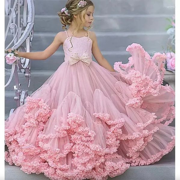 Розовые платья с цветочным узором для девочек, тюлевая многоярусная юбка с бисером, детская свадьба, элегантное детское первое евхаристическое день рождения, детские пышные платья для именинниц