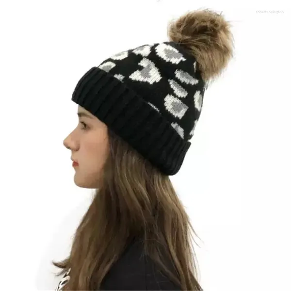 Berets outono inverno chapéus grossos cor sólida leopardo impressão lã bola de pele falsa pom chapéu de malha crânio boné manguito quente beanie