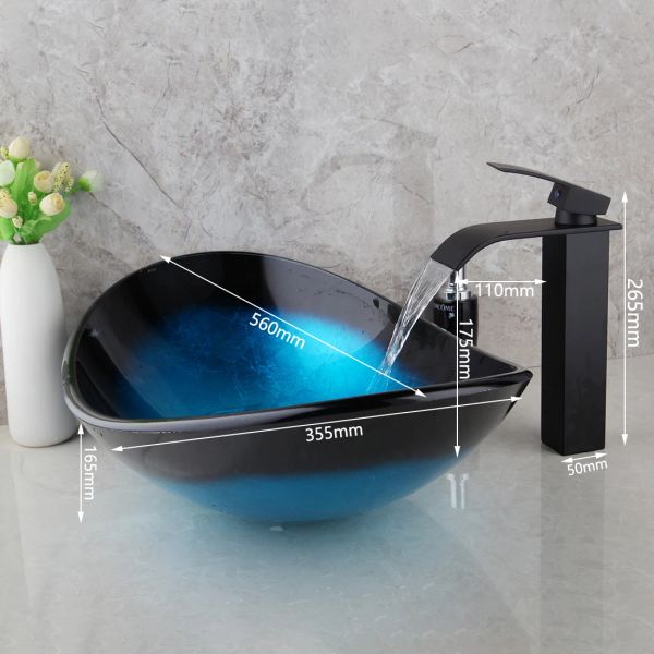 Jieni azul com vidro temperado pintado à mão Bacia de cachoeira de bico preto Tap na pia do banheiro Banho de lavagem de banheira Torneiras de torneira