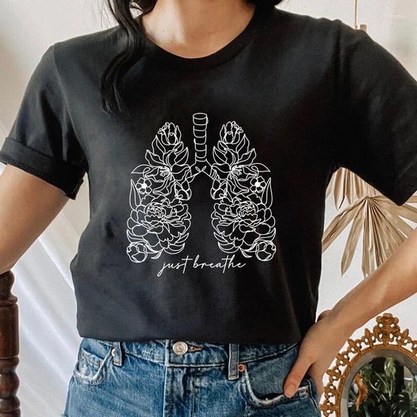 Damen-T-Shirts Just Breathe Anatomical Lungs T-Shirt Botanisches Blumen-Anatomie-T-Shirt Top Ästhetisches Still-Studenten-Geschenk-T-Shirt