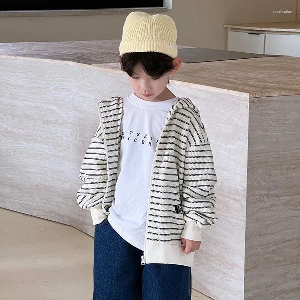 Jacken 2024 Koreanische Frühling Herbst Kinder Junge Outwears Teenager Mit Kapuze Zipper Gestreiften Mäntel Schule Casual Schweiß