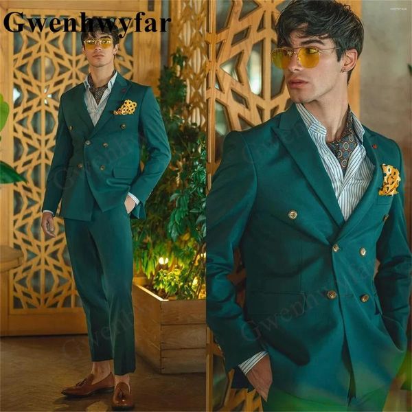 Abiti da uomo Gwenhwyfar Verde Su misura 2 pezzi Blazer Pantaloni 4 bottoni Doppio petto con risvolto con visiera Matrimonio formale personalizzato tagliato a mano