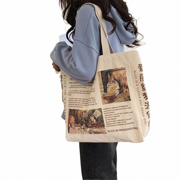 Frauen Leinwand Umhängetasche Alice im Wunderland Shop Taschen Studenten Buch Tasche Cott Tuch Handtaschen Tragetaschen für Mädchen Bolsos V5wU #