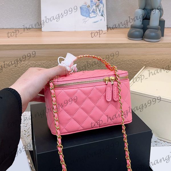 8 cores oco carta alça caviar couro caixa de maquiagem sacos diamante treliça ouro crachá correntes crossbody bolsas de ombro couro grande capacidade vaidade 20cm